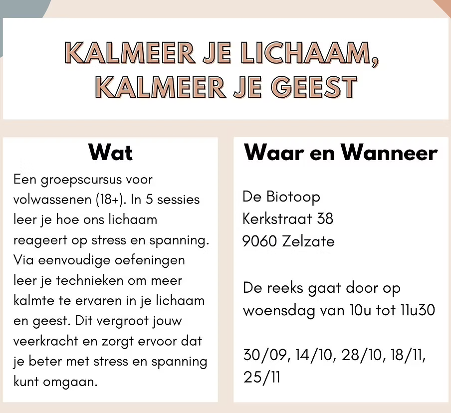 Kalmeer je lichaam, kalmeer je geest (5-delige reeks op zaterdagvoormiddag)